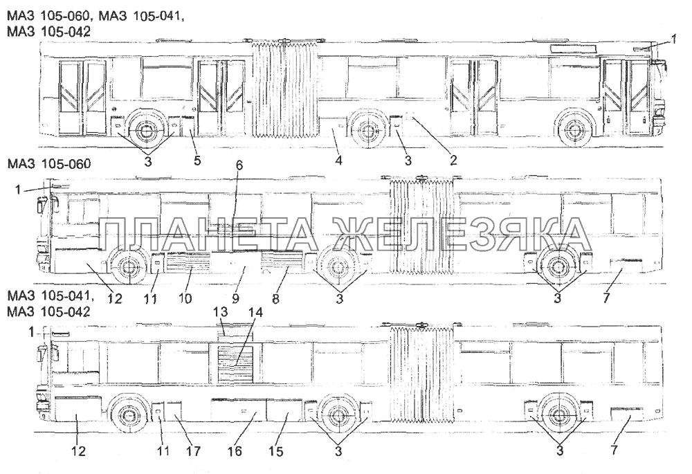 Расположение крышек и решеток на кузове автобусов МАЗ-105 МАЗ-107